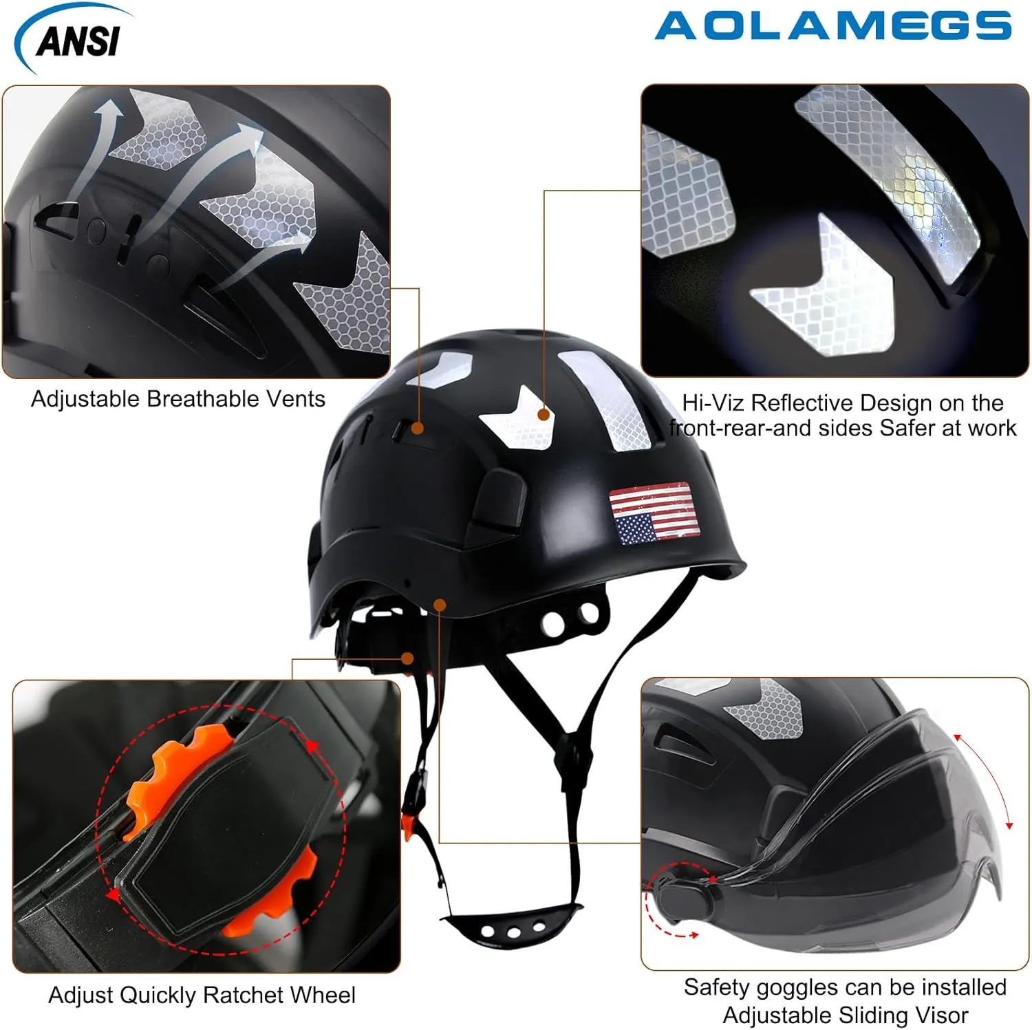AOLAMEGS Construction Safety Hard Hat - ANSI Z89.1 Type Ι OSHA Approved Safety Helmets with Chin Straps Lightweight Reflective Vented ABS Hard Hats For Men Women Industrial Workwear 6-point Suspension