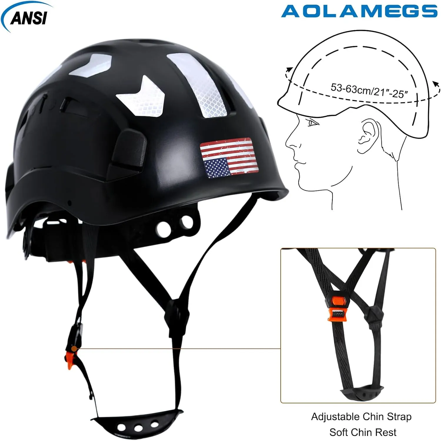 AOLAMEGS Construction Safety Hard Hat - ANSI Z89.1 Type Ι OSHA Approved Safety Helmets with Chin Straps Lightweight Reflective Vented ABS Hard Hats For Men Women Industrial Workwear 6-point Suspension