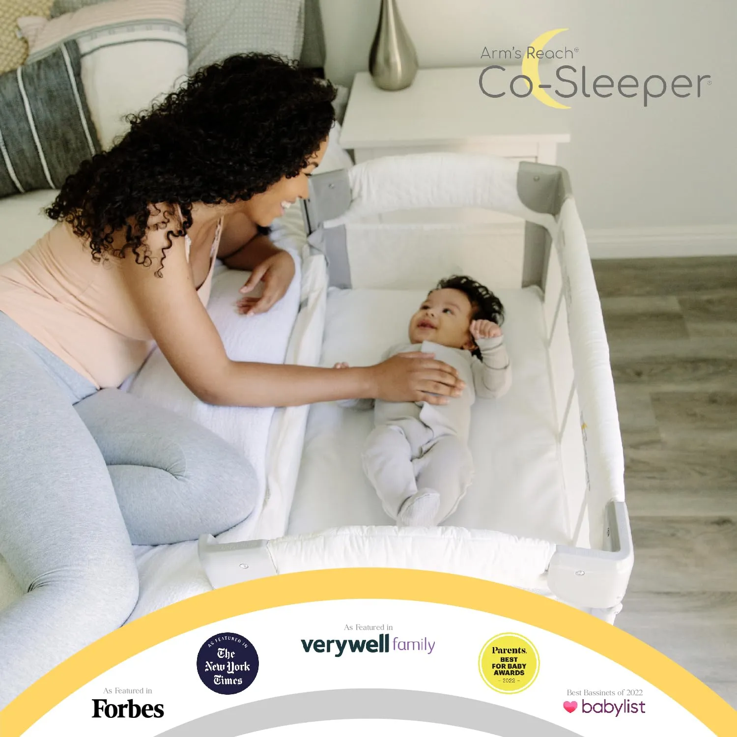 Arm’s Reach Mini Ezee 3 in 1 Co-Sleeper Folding Bedside Bassinet and Play Yard Featuring Breathable Mesh Sides with Side Pockets for Storage and 4-Inch Sleeping Nest Height
