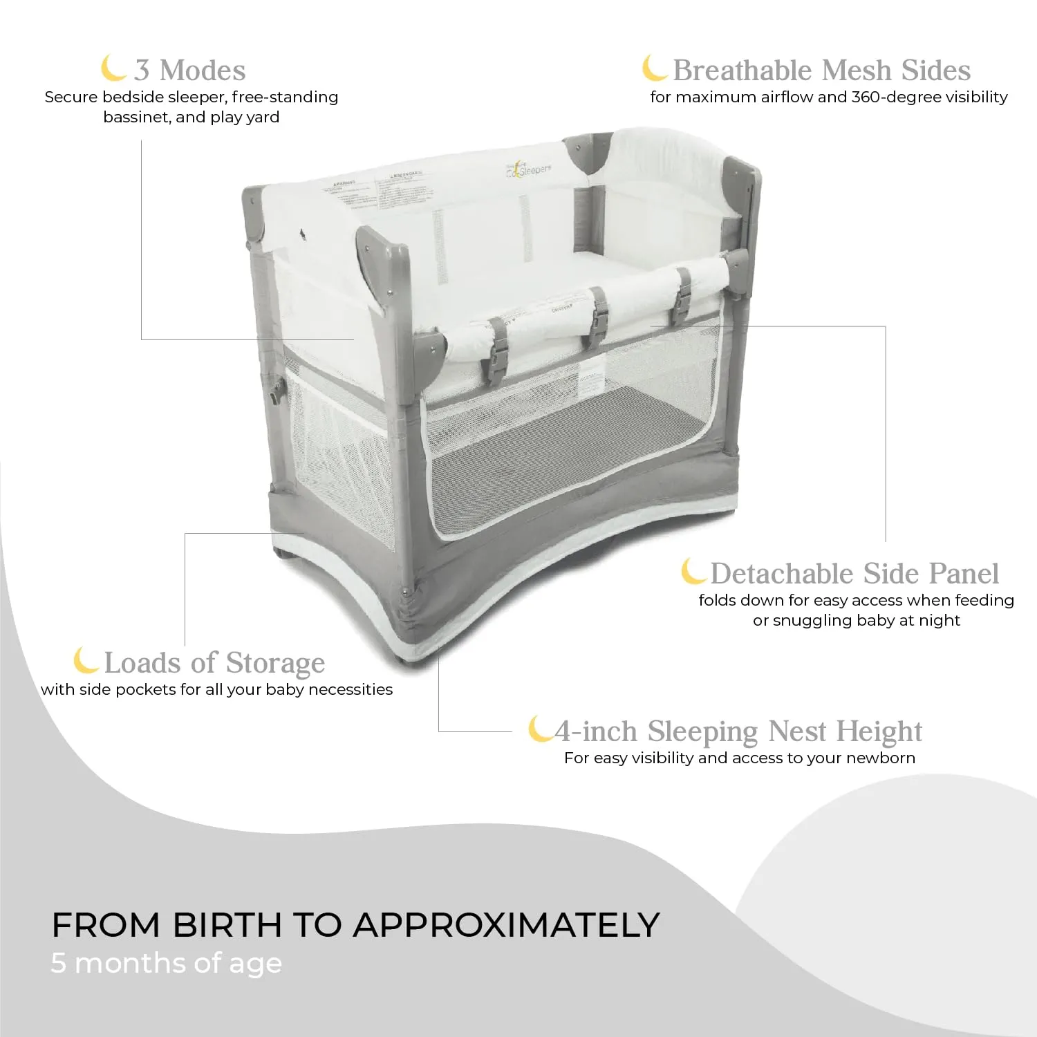 Arm’s Reach Mini Ezee 3 in 1 Co-Sleeper Folding Bedside Bassinet and Play Yard Featuring Breathable Mesh Sides with Side Pockets for Storage and 4-Inch Sleeping Nest Height