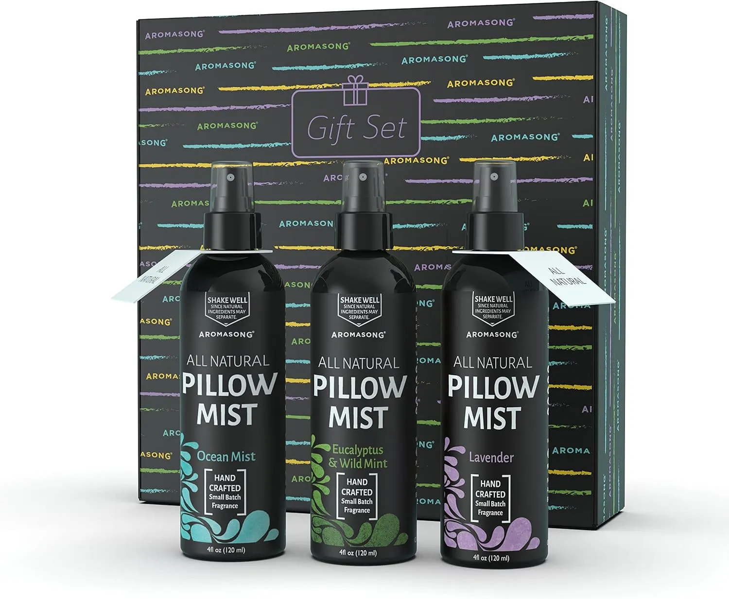 Aromasong All Natural Pillow Spray for Deep Sleep- Holiday Gift Pack of Lavender, Ocean Mist, and Eucalyptus Included - Calming Linen & Bedtime Natural Essential Oil Mist Spray for Sleeping