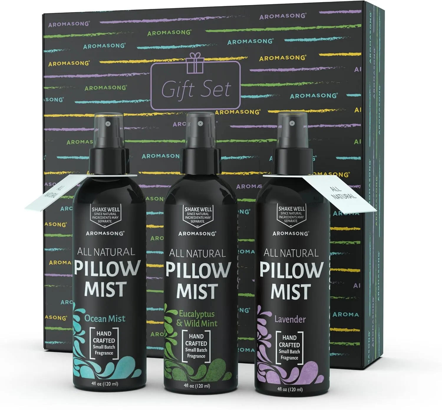 Aromasong All Natural Pillow Spray for Deep Sleep- Holiday Gift Pack of Lavender, Ocean Mist, and Eucalyptus Included - Calming Linen & Bedtime Natural Essential Oil Mist Spray for Sleeping