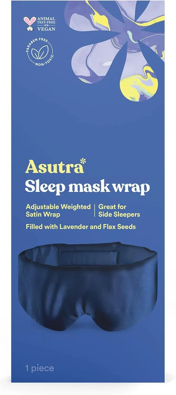 ASUTRA Eye Pillow Wrap for Sleep, Navy | Filled w/Lavender Buds & Flax Seeds, Weighted Eye Mask, Meditation & Light Blocking Blindfold, Covers Ears