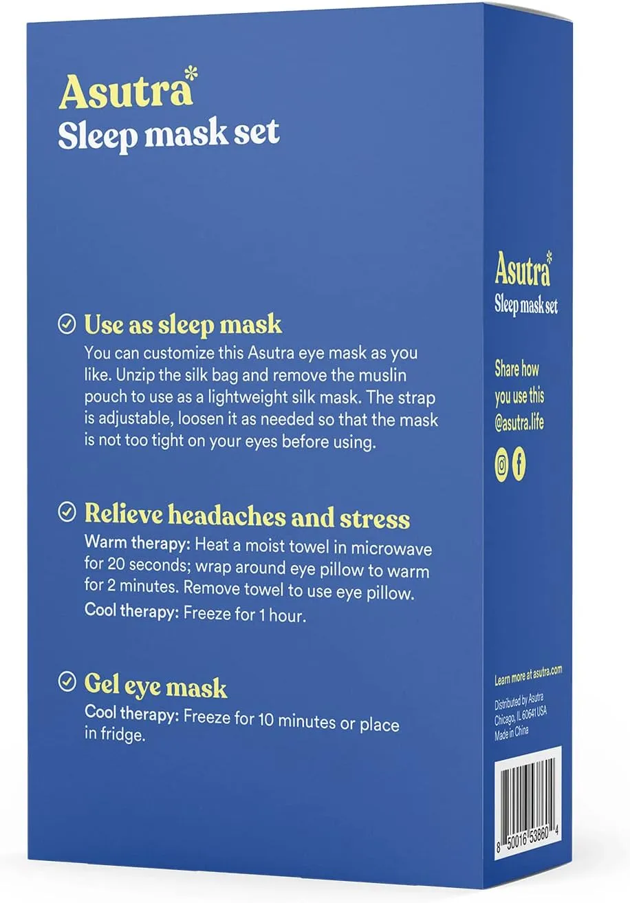 ASUTRA Silk Eye Pillow for Sleep, Navy - Filled w/Lavender Buds & Flax Seeds, Weighted Eye Mask, Meditation & Light Blocking Blindfold, Cooling Gel Mask Included
