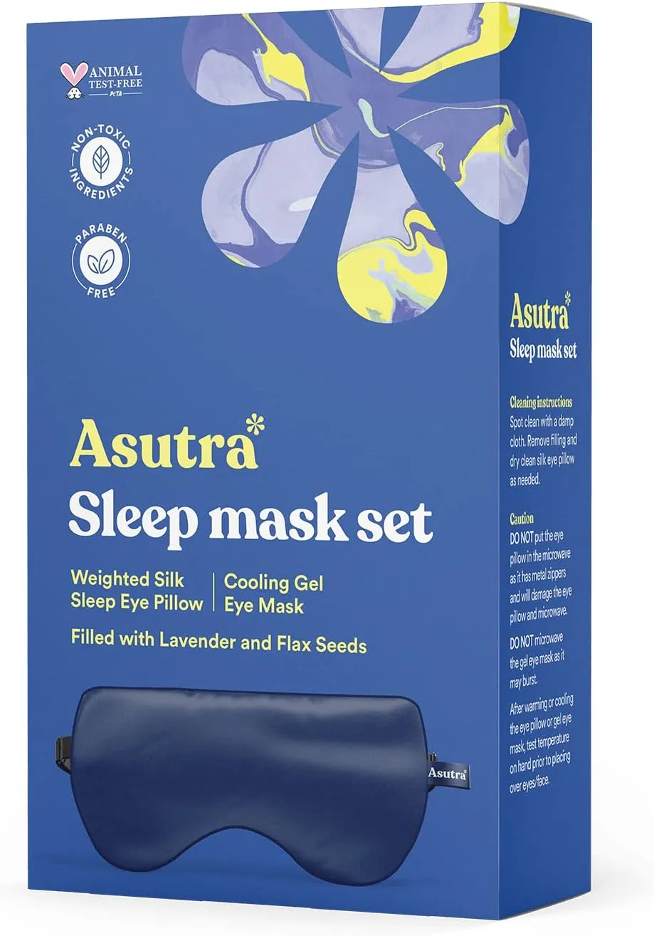 ASUTRA Silk Eye Pillow for Sleep, Navy - Filled w/Lavender Buds & Flax Seeds, Weighted Eye Mask, Meditation & Light Blocking Blindfold, Cooling Gel Mask Included