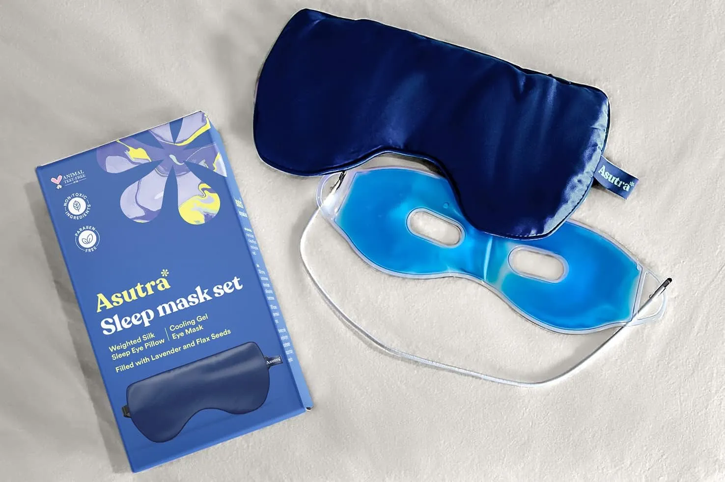 ASUTRA Silk Eye Pillow for Sleep, Navy - Filled w/Lavender Buds & Flax Seeds, Weighted Eye Mask, Meditation & Light Blocking Blindfold, Cooling Gel Mask Included