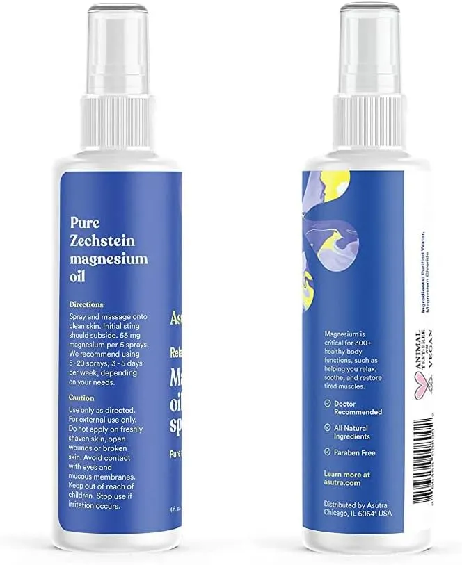 ASUTRA Topical Magnesium Bundle, 4 fl oz Magnesium Oil Spray (Pack of 2), 4 lb Bag of Magnesium Chloride Bath Flakes, Rapid Absorption, Pure and Odorless, Magnesium Derived from Zechstein Seabed
