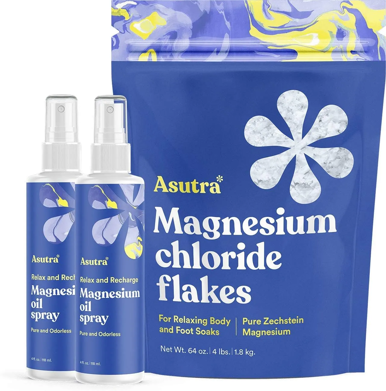 ASUTRA Topical Magnesium Bundle, 4 fl oz Magnesium Oil Spray (Pack of 2), 4 lb Bag of Magnesium Chloride Bath Flakes, Rapid Absorption, Pure and Odorless, Magnesium Derived from Zechstein Seabed