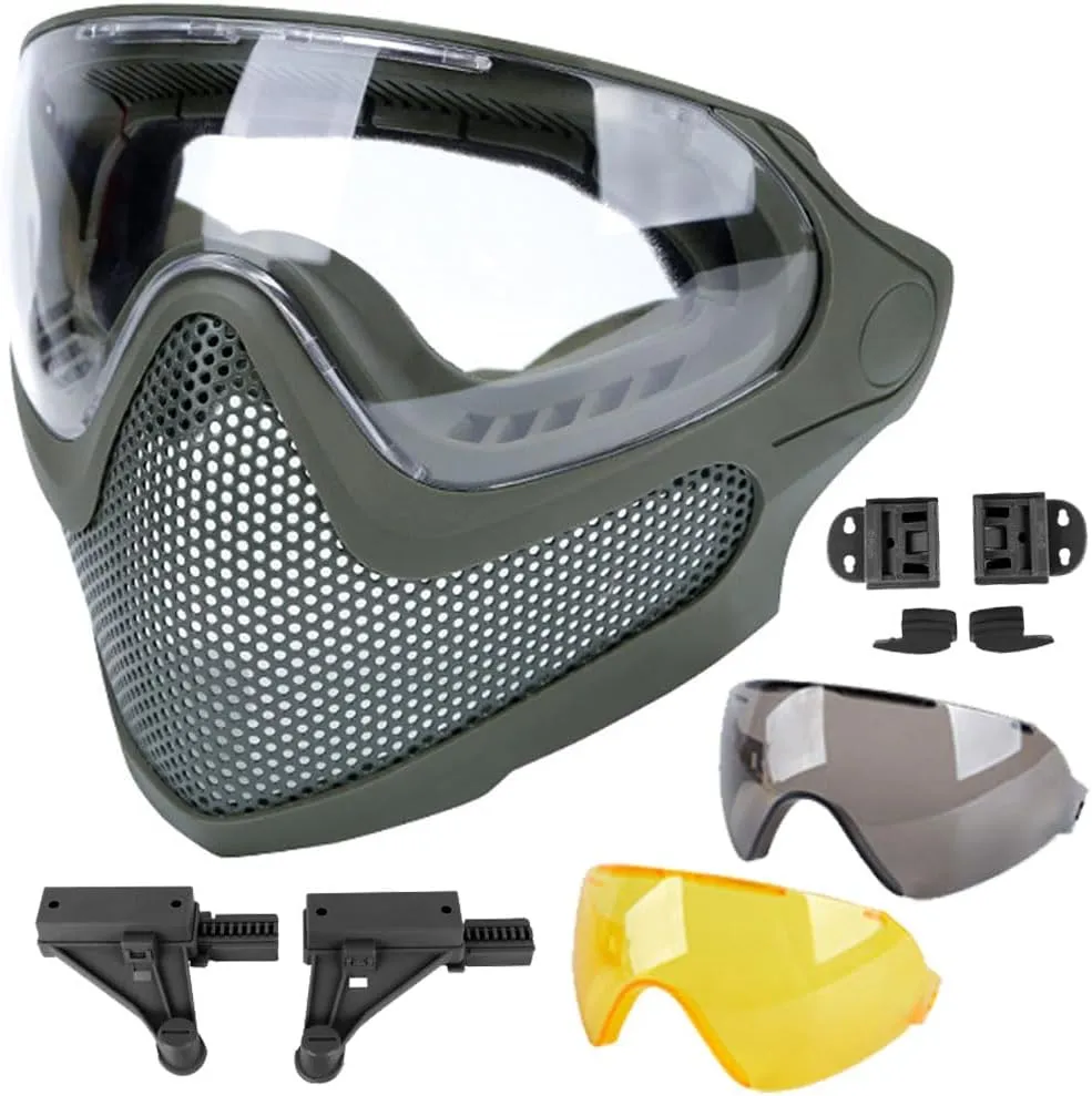 ATAIRSOFT 2 Modes Airsoft Mask Full Face Tactical Safety Protective Mask Anti-Fog Goggles Set with 3 Interchangable Lens