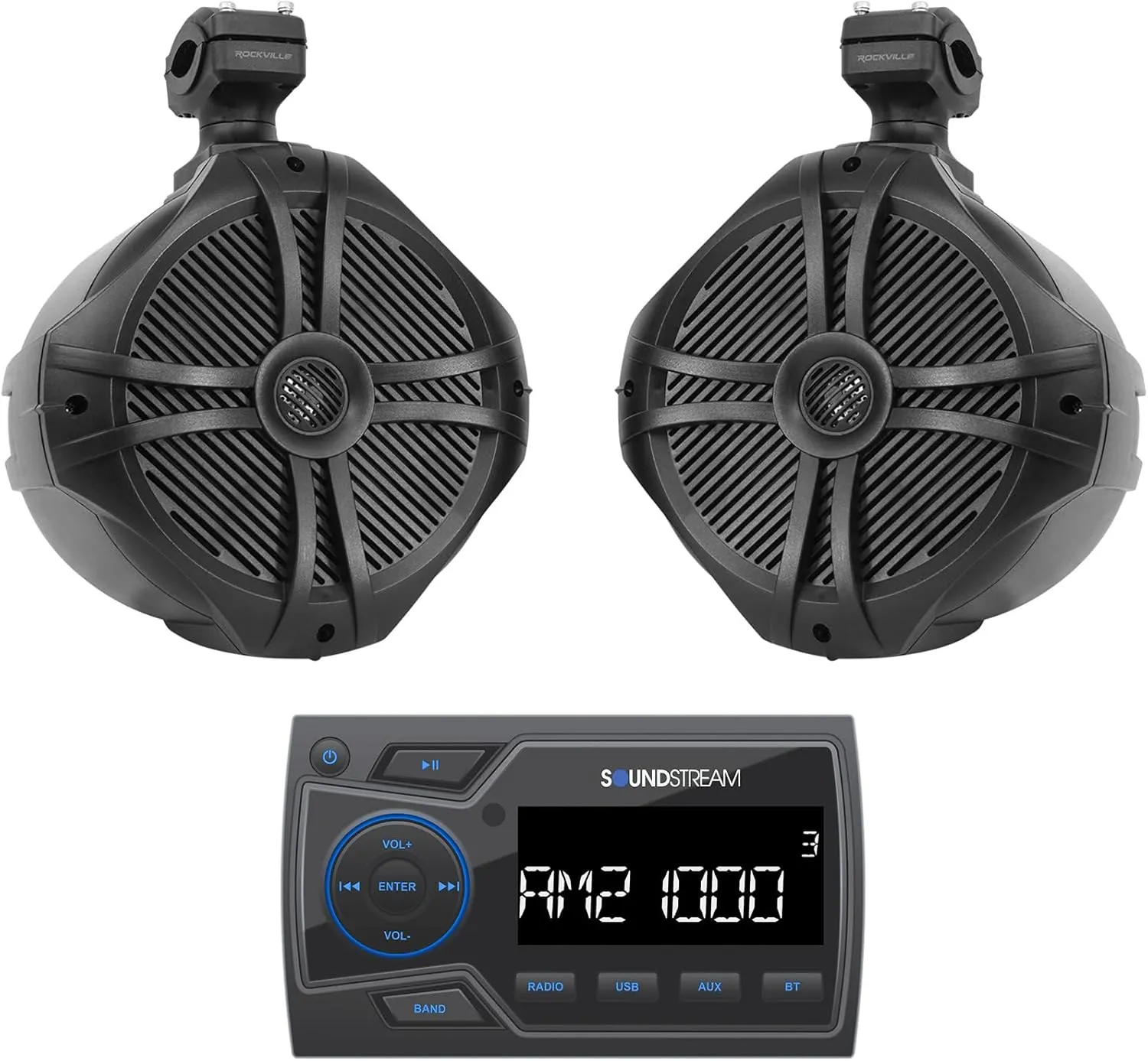 Audiosavings Bundle: Soundstream MHU-32 Marine ATV/UTV Digital Media Receiver Bluetooth/AUX/USB Bundle with Pair Rockville RWB90B 8" 300w Marine Wakeboard 360 Swivel Tower Speakers (2 Items)