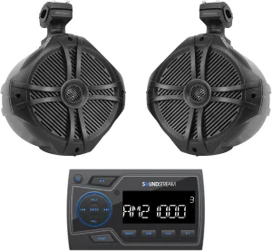 Audiosavings Bundle: Soundstream MHU-32 Marine ATV/UTV Digital Media Receiver Bluetooth/AUX/USB Bundle with Pair Rockville RWB90B 8" 300w Marine Wakeboard 360 Swivel Tower Speakers (2 Items)
