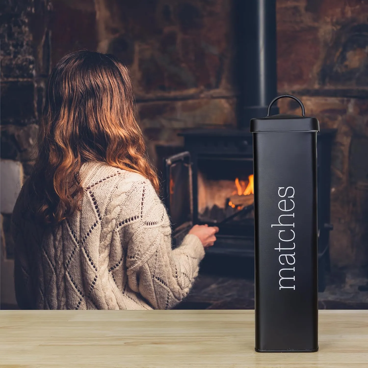 AuldHome Design Enamelware Fireplace Matches Holder (Black), Farmhouse Storage Container for Long Safety Matches