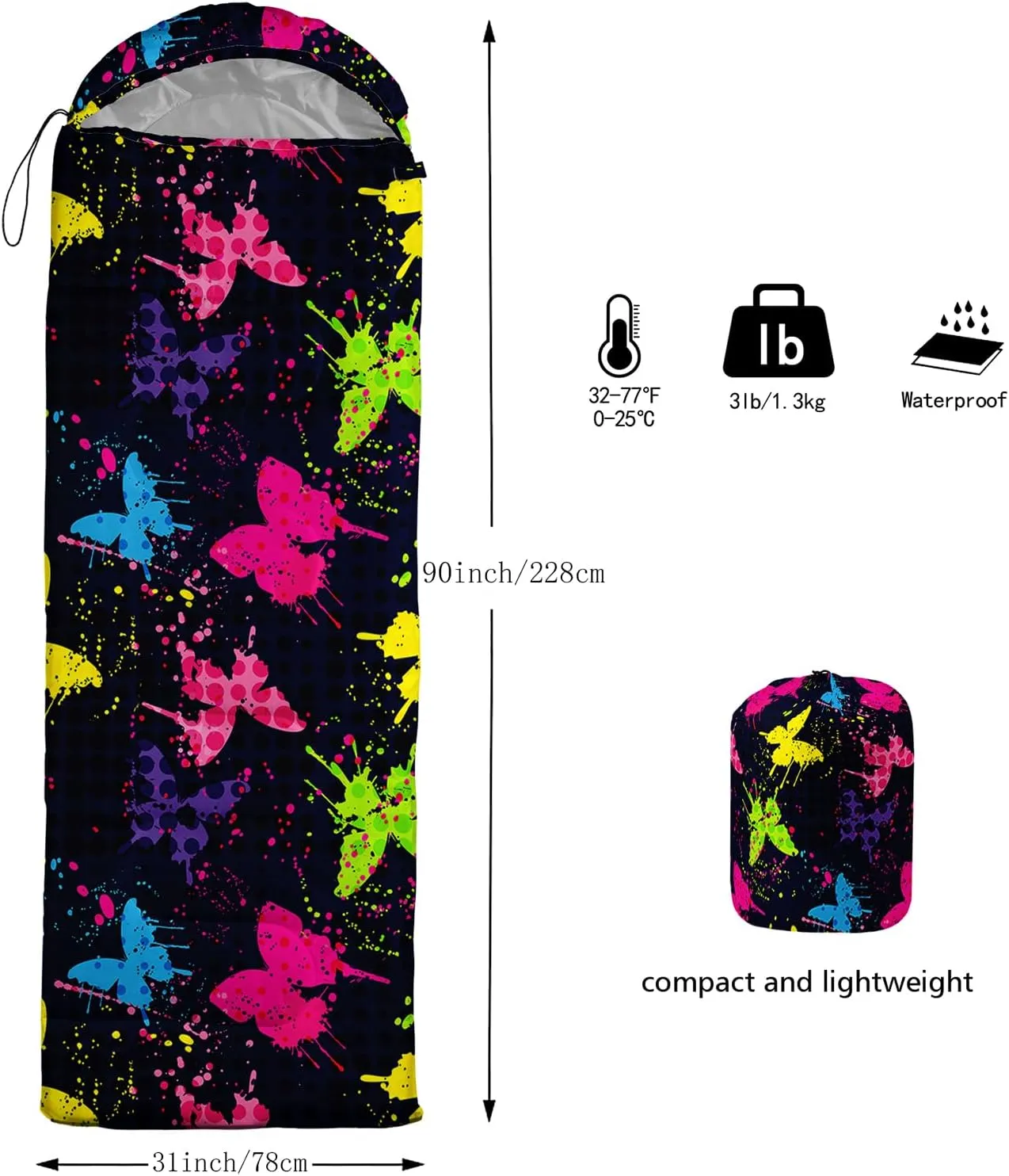 Axolotl Dinosaur Camping Sleeping Bag for Kids,3 Season Warm & Cool Spring Summer Fall Weather Waterproof Colorful Dino Camping Sack for Boys Girls Portable Lightweight,Travelling Adventure Hiking