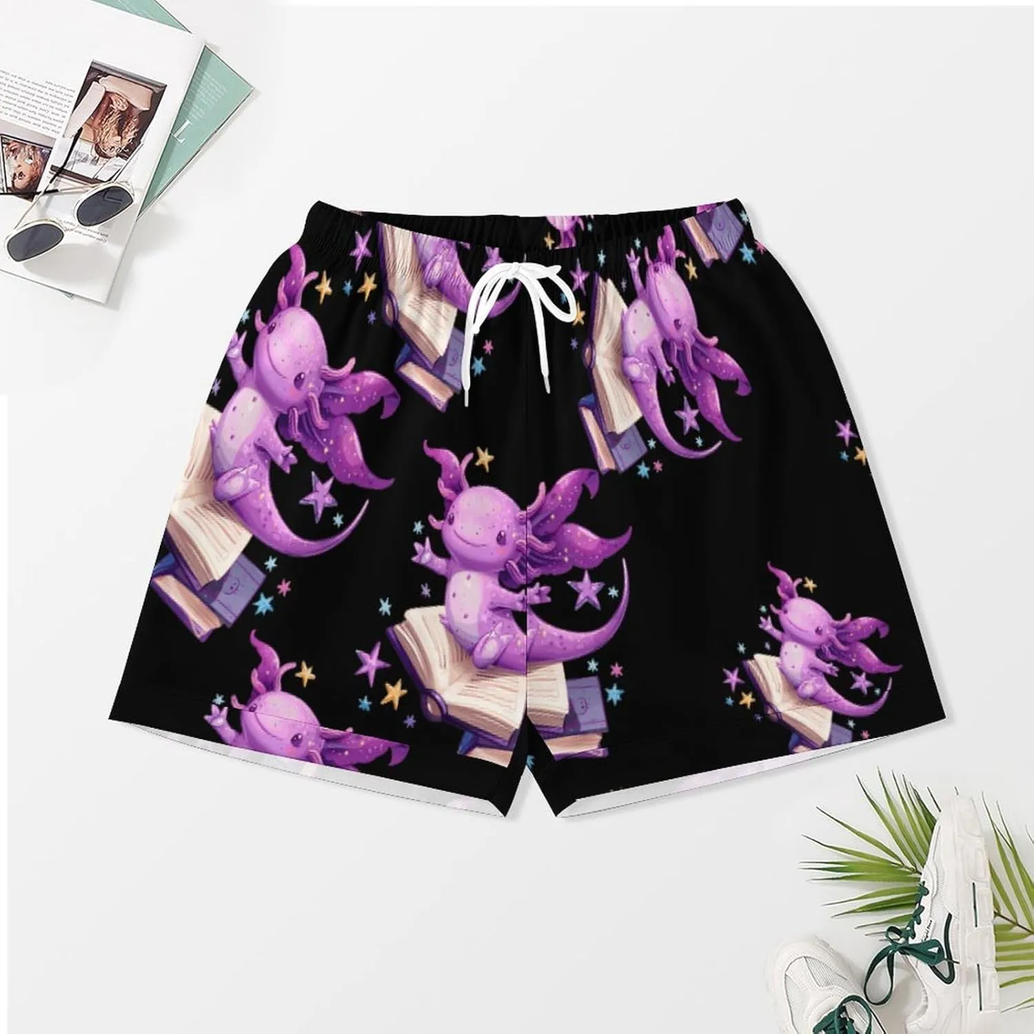 Axolotl Reading Book Women's Satin Pajama Set Short Sleeve Button Down Sleepwear Loungewear Pj Set