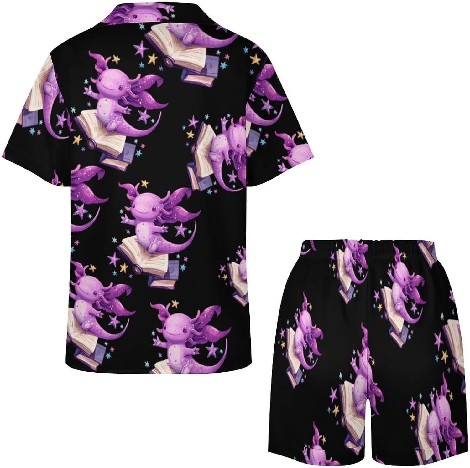 Axolotl Reading Book Women's Satin Pajama Set Short Sleeve Button Down Sleepwear Loungewear Pj Set