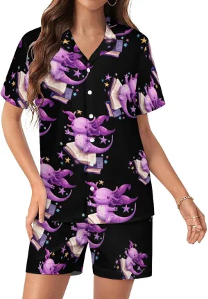 Axolotl Reading Book Women's Satin Pajama Set Short Sleeve Button Down Sleepwear Loungewear Pj Set