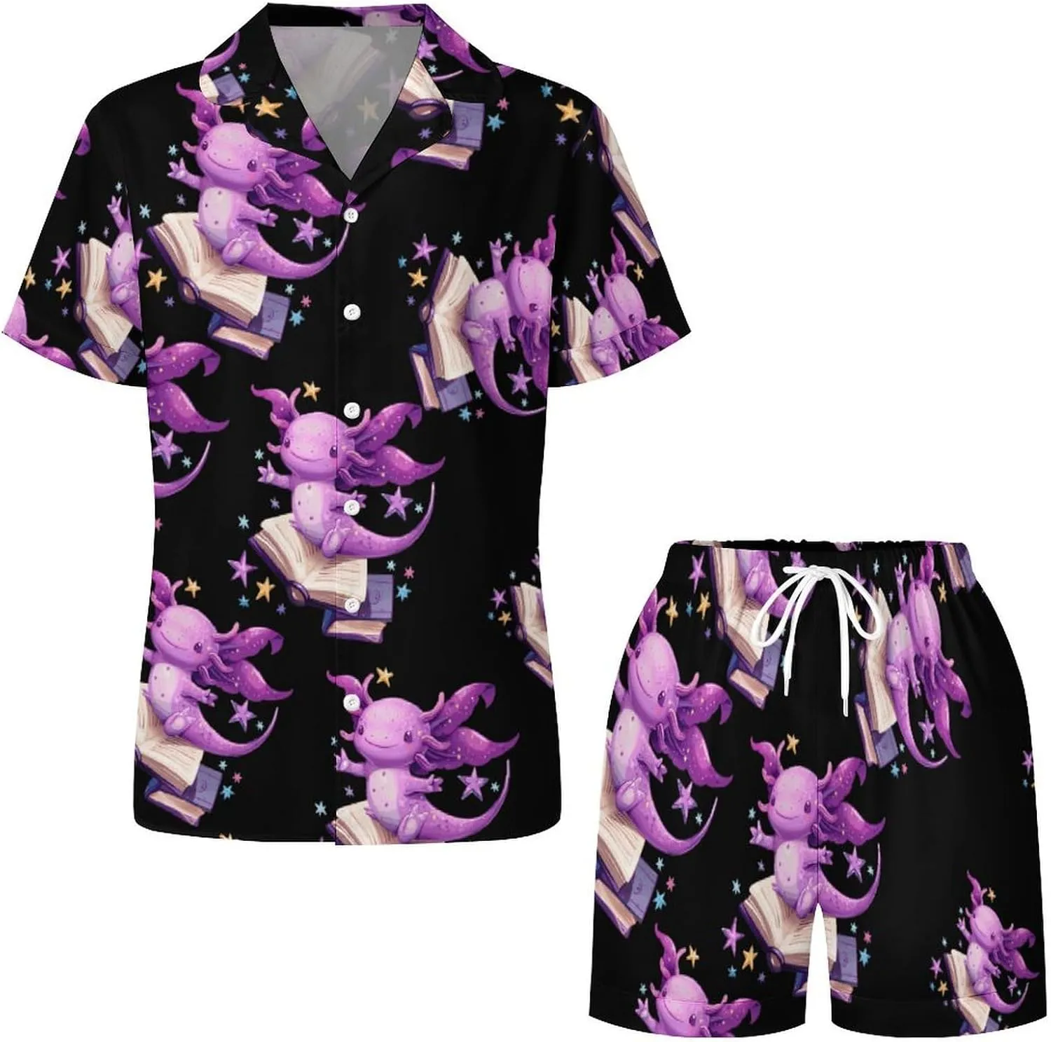 Axolotl Reading Book Women's Satin Pajama Set Short Sleeve Button Down Sleepwear Loungewear Pj Set