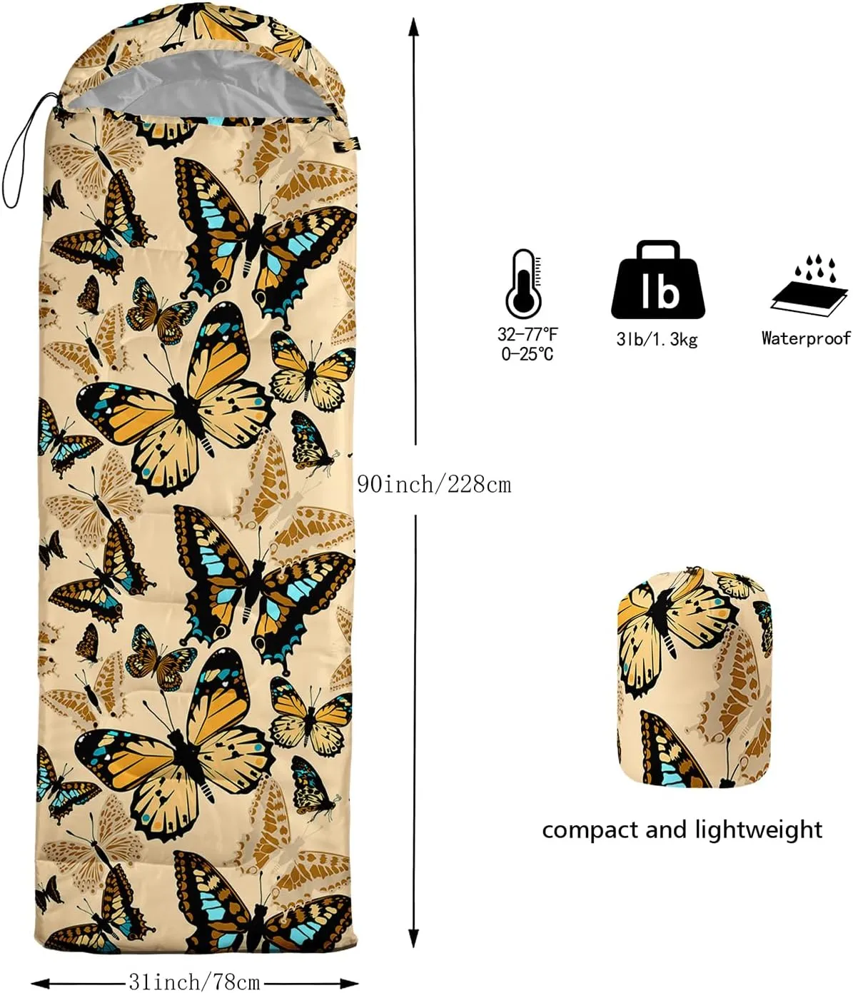 Axolotl Tiger Skin Sleeping Bag,3 Season Warm Cool Weather Waterproof Portable Camping Bag for Adults,Lightweight Backpacking Bag with Compression Sack for Camping Travelling Outdoor Picnic,Yellow