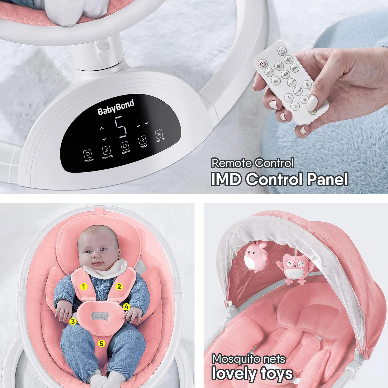 BabyBond Baby Swings for Infants, Bluetooth Infant Swing with Music Speaker, 3 Seat Positions, 5 Point Harness Belt, 5 Speeds and Remote Control - Portable Baby Swing for Indoor and Outdoor (Pink)