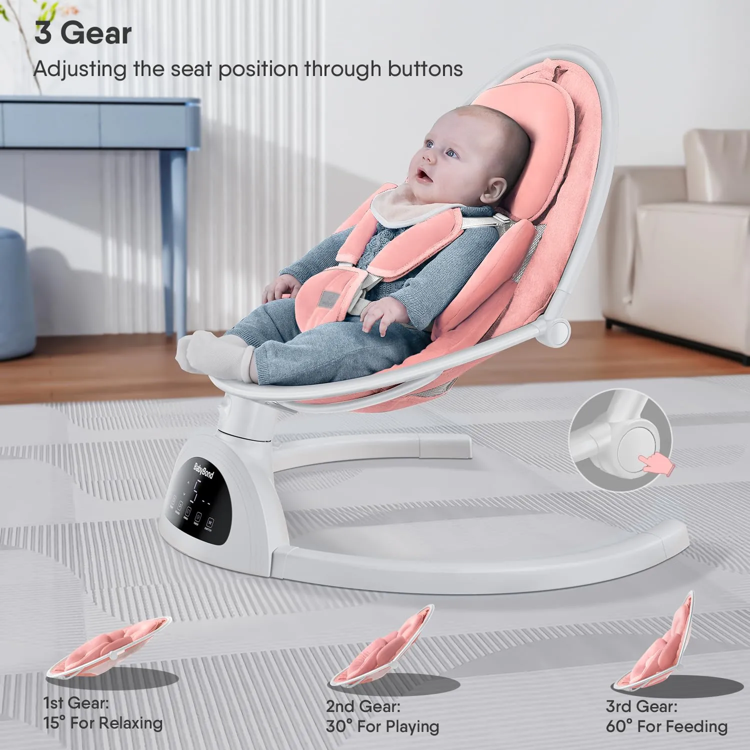BabyBond Baby Swings for Infants, Bluetooth Infant Swing with Music Speaker, 3 Seat Positions, 5 Point Harness Belt, 5 Speeds and Remote Control - Portable Baby Swing for Indoor and Outdoor (Pink)