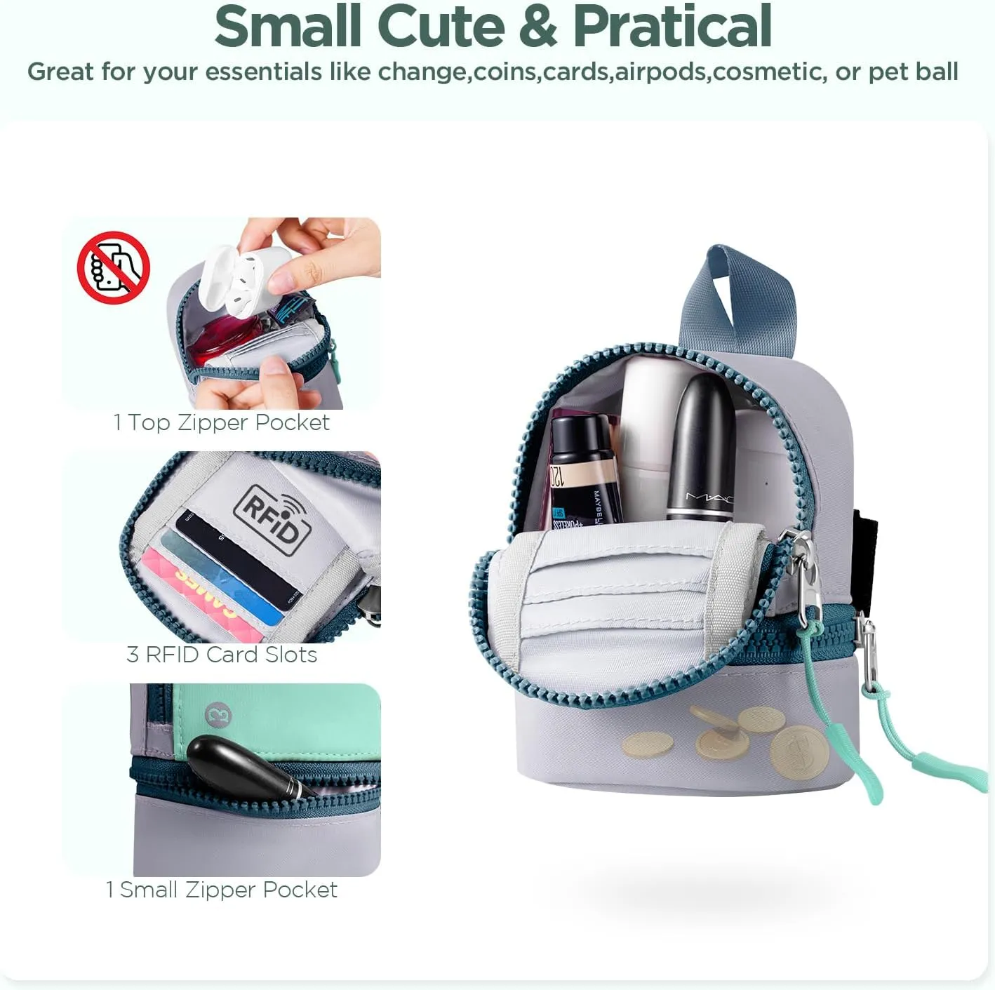Babysun Mini Backpack Keychain Wristlet Pouch Small Change Coin Purse Cute Zipper Wallet With 3 RFID Card Slots For Women/Men Airpods Cosmetics