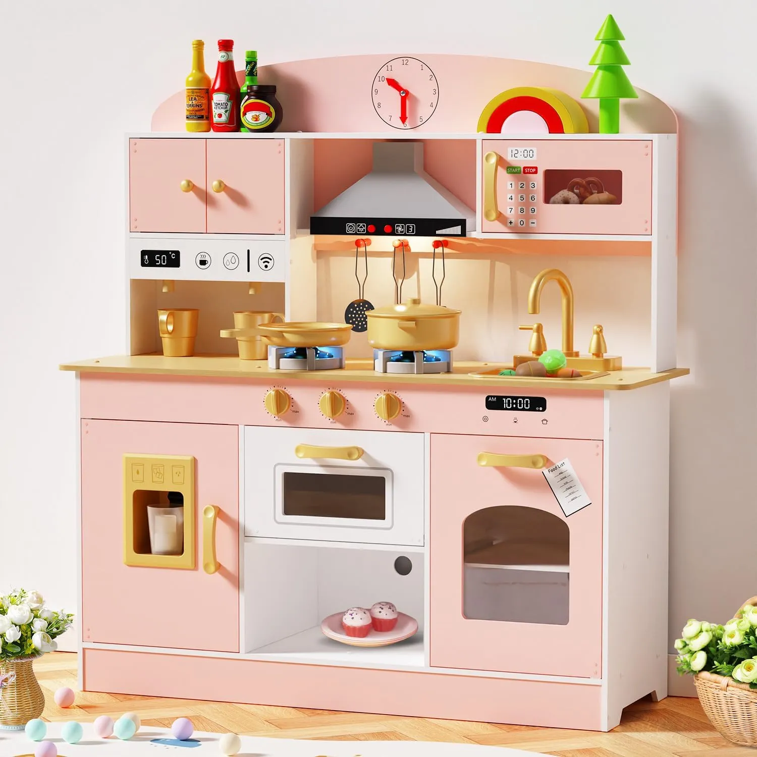 Babytronic Wooden Play Kitchen Set, Pretend Play Kitchen with Lights and Sounds for Kids Ages 3 , Includes Stove, Oven, Microwave, Coffee Maker, and Accessories, Toy Kitchen Set for Toddlers (Pink)