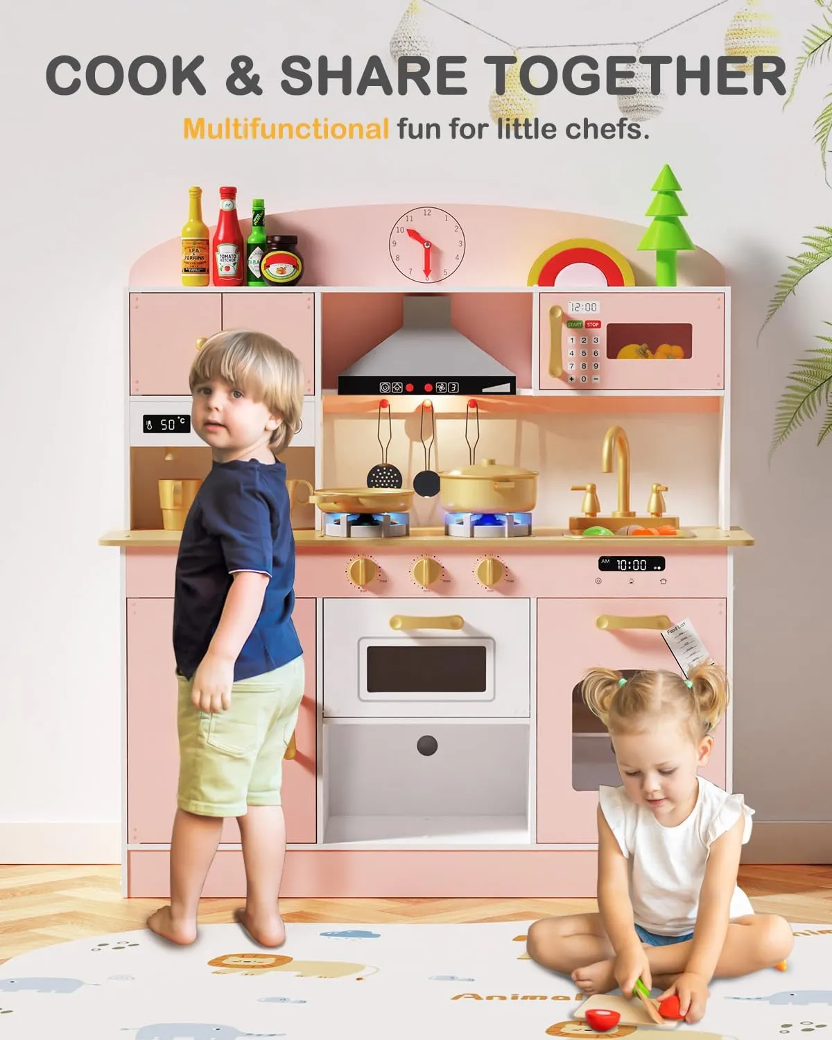 Babytronic Wooden Play Kitchen Set, Pretend Play Kitchen with Lights and Sounds for Kids Ages 3 , Includes Stove, Oven, Microwave, Coffee Maker, and Accessories, Toy Kitchen Set for Toddlers (Pink)