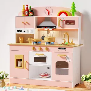 Babytronic Wooden Play Kitchen Set, Pretend Play Kitchen with Lights and Sounds for Kids Ages 3 , Includes Stove, Oven, Microwave, Coffee Maker, and Accessories, Toy Kitchen Set for Toddlers (Pink)