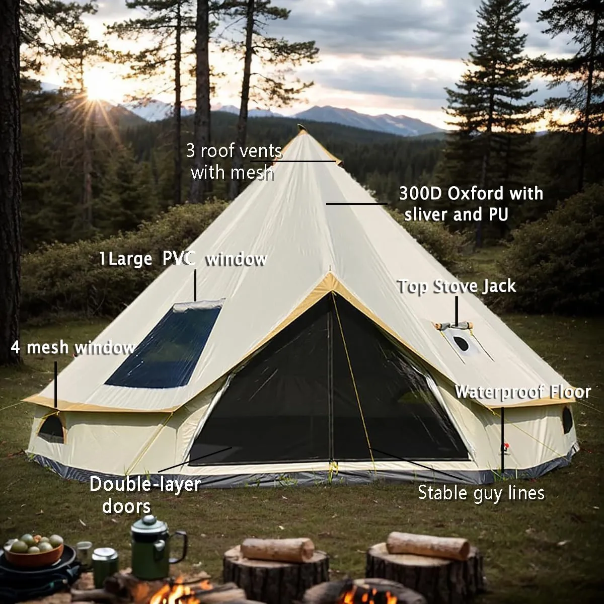 Backpacking Bell Tent with Top Stove Jack for All Year Living, 300D Oxford Waterproof Yurt Tents House for Camping Glamping, Parties, Outdoor Events-13/16.4FT