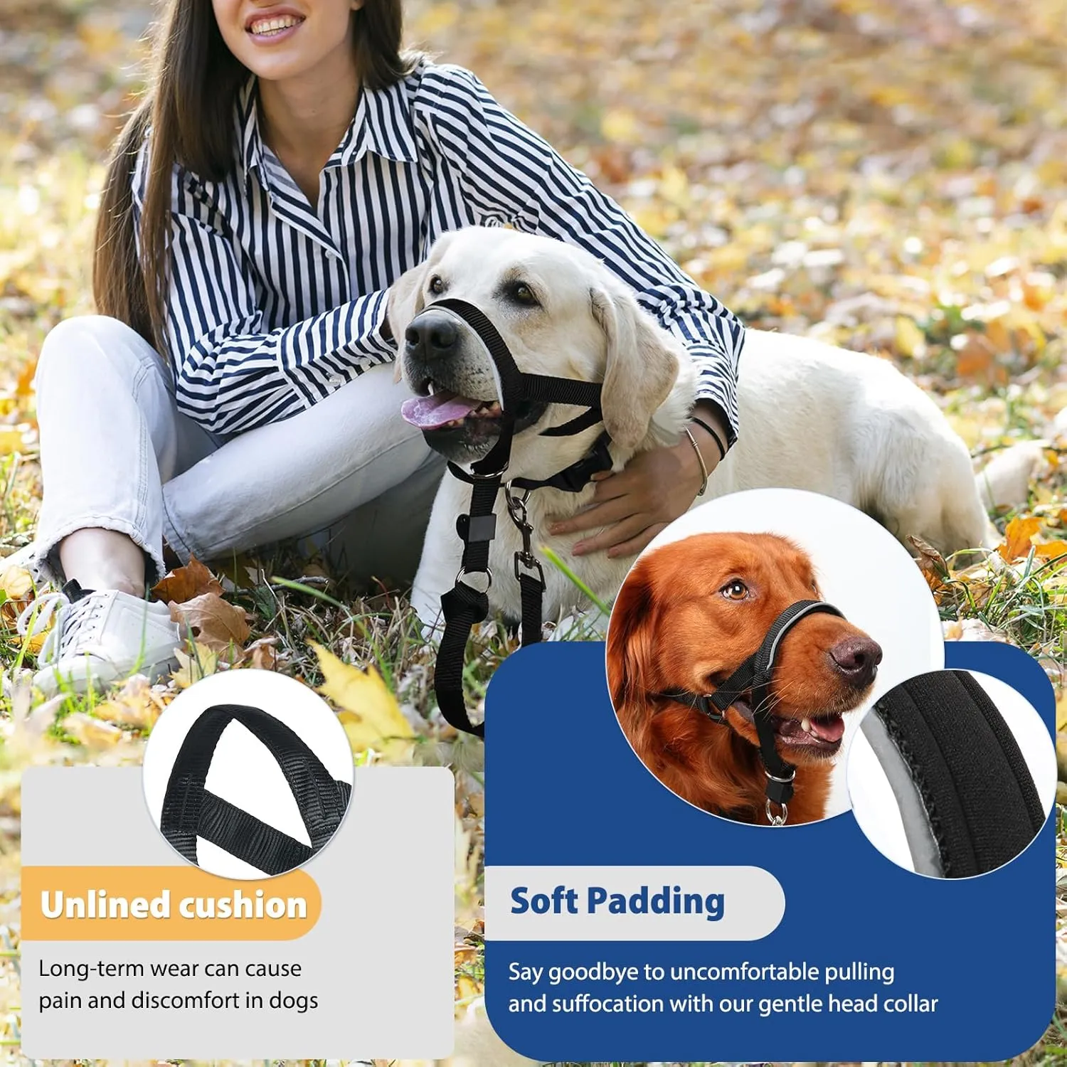 BARKLESS Head Collar for Dogs, No Pull Head Halter for Large Medium Small Dogs, Nose Leash Stops Heavy Pulling, Muzzle Leash with Padded Safety Strap for Walking Training(Black, XL)