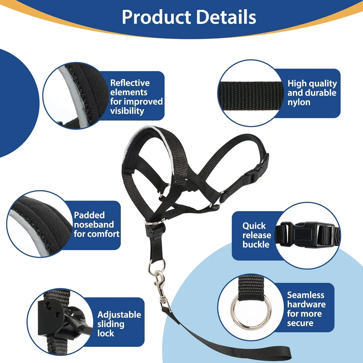 BARKLESS Head Collar for Dogs, No Pull Head Halter for Large Medium Small Dogs, Nose Leash Stops Heavy Pulling, Muzzle Leash with Padded Safety Strap for Walking Training(Black, XL)