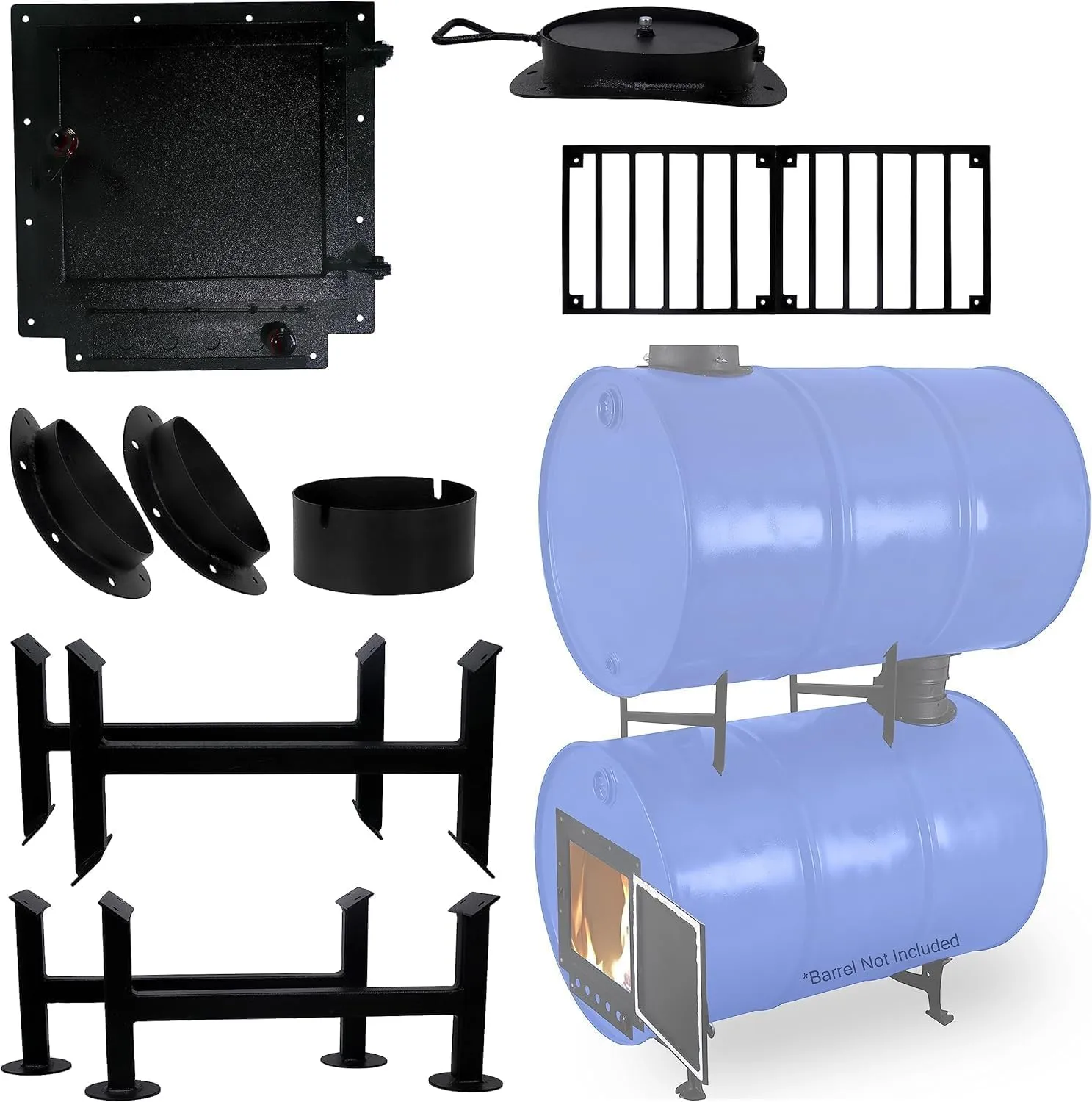 Barrel Wood stove kit with Adapter kit & Burn Barrel Grate – Perfect for 30-55 Gallon Barrel - Barrel Stove Kits - Fire Wood Camp Stove Barrel Woodstove Kit & Double Barrel Stove Adapter Kit