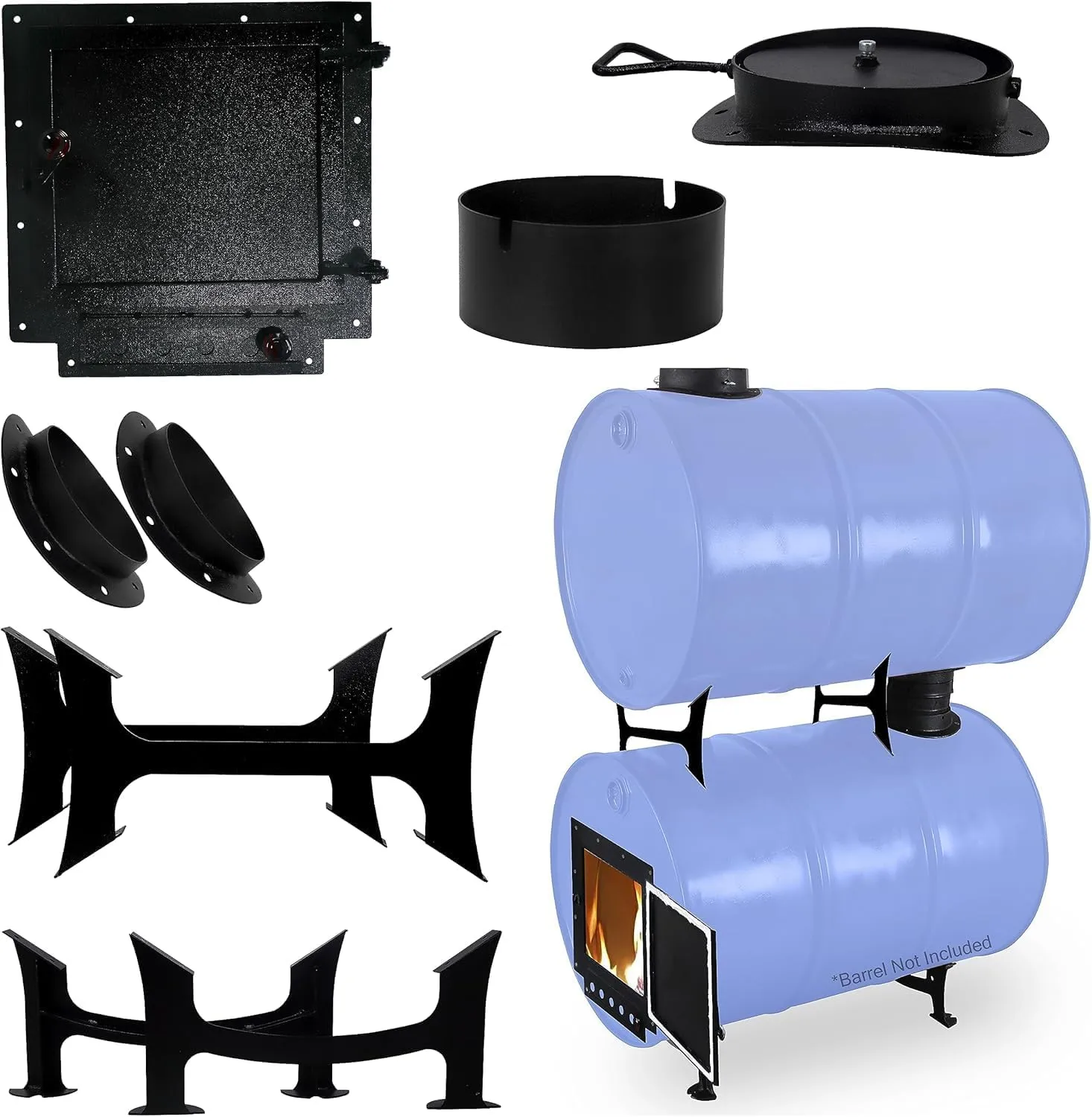 Barrel Woodstove Kit With Double Adapter - For 30 to 55 Gallon Drums - Camping Equipment for Heating & Cooking - Fire Wood Camp Stove