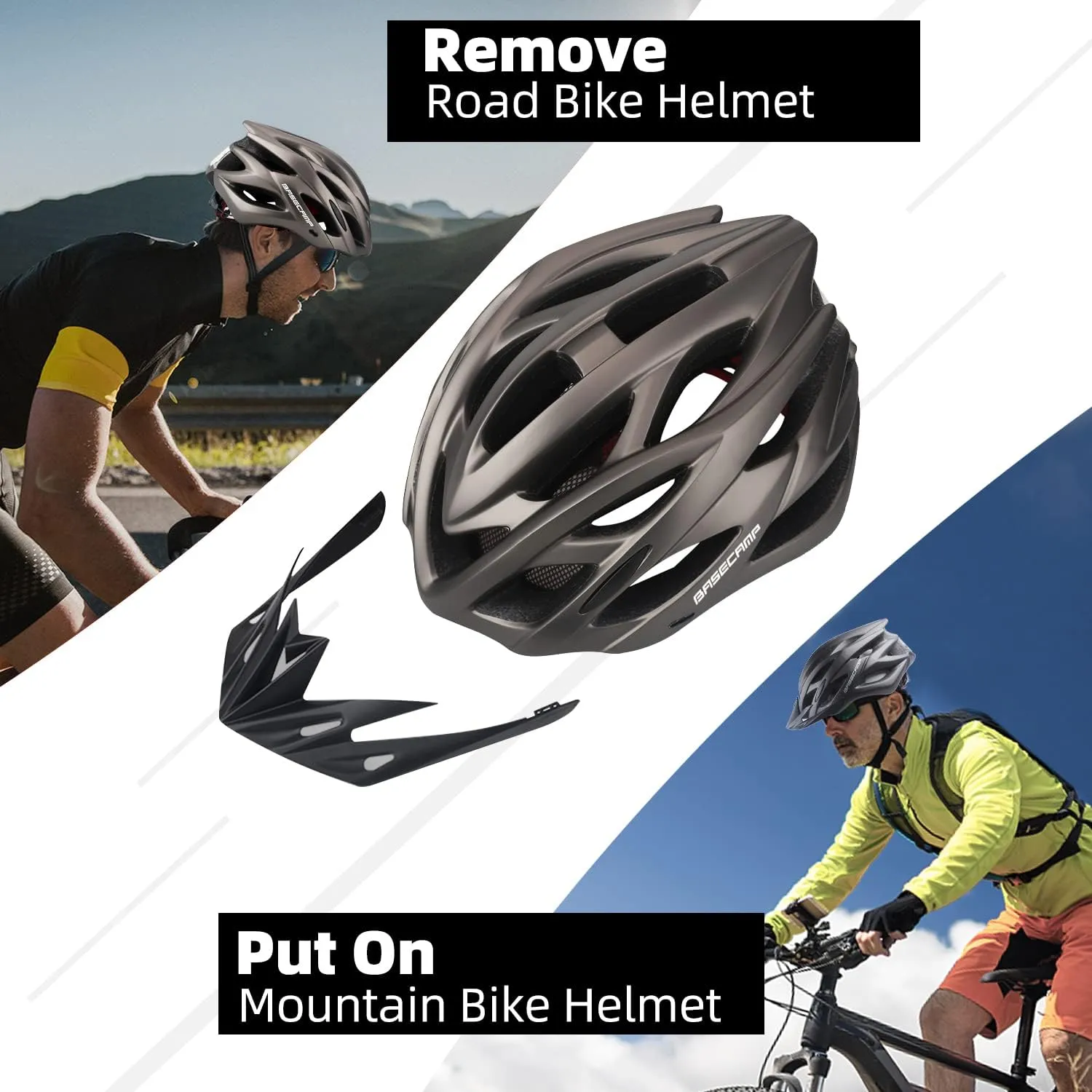 Basecamp Bike Helmet for Women Men with LED Safety Light Removable Sun Visor Lightweight Bicycle Helmet Adjustable Breathable Mountain & Road Cycling Helmets for Adult