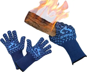 BBQ Grill Firepit Oven Mitts Highest Heat Resistance EN407 Lab Certified (X-Large, Blue)