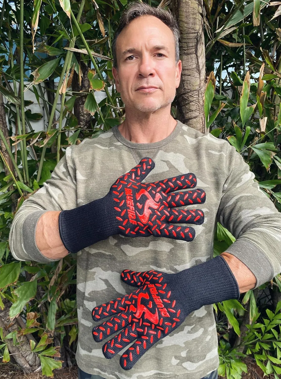 BBQ Grill Firepit Oven Mitts Highest Heat Resistance EN407 Lab Certified (X-Large, Red/Black)
