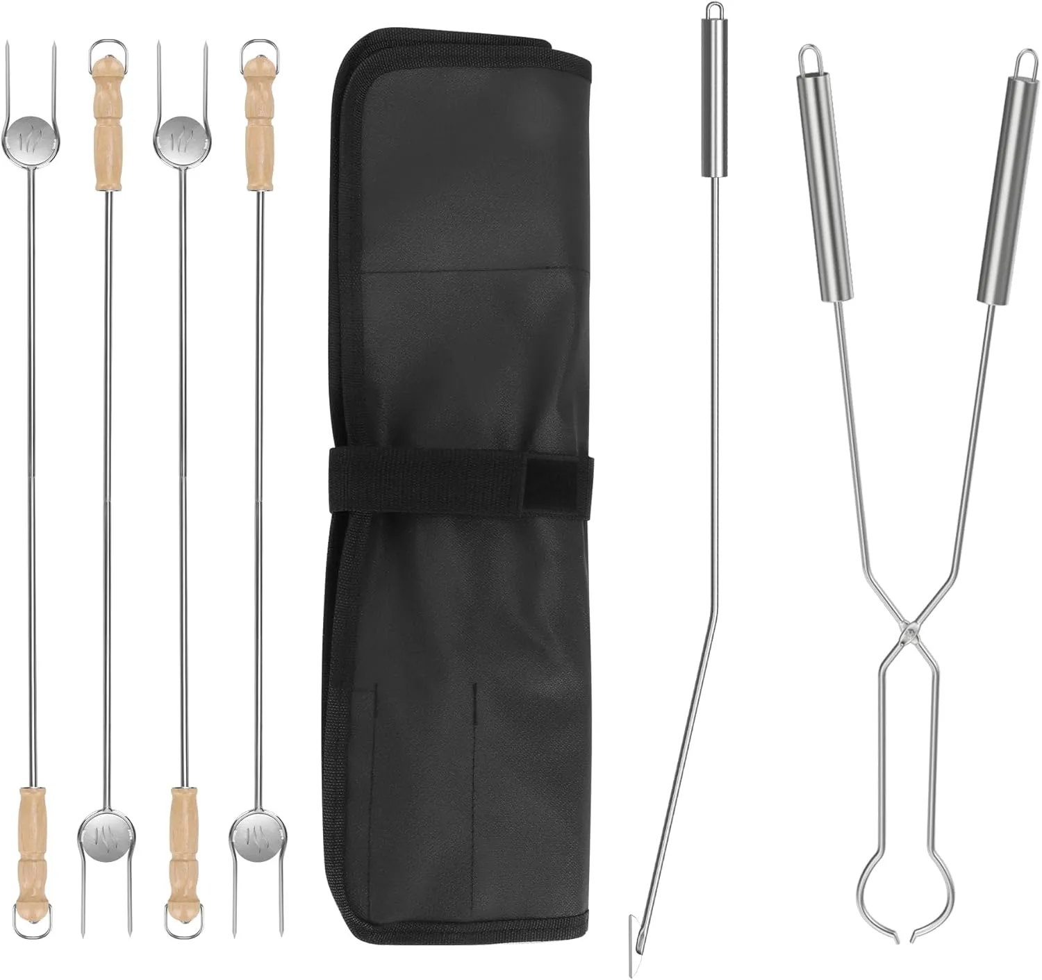 BBQ-PLUS Stainless Steel Fire Pit Tool Kits for Outdoor Fire Pits,Fire Poker & Firewood Tongs & Roasting Sticks Accessroies for Backyard,Picnic BBQ, Fireplace Fire Pit Tools
