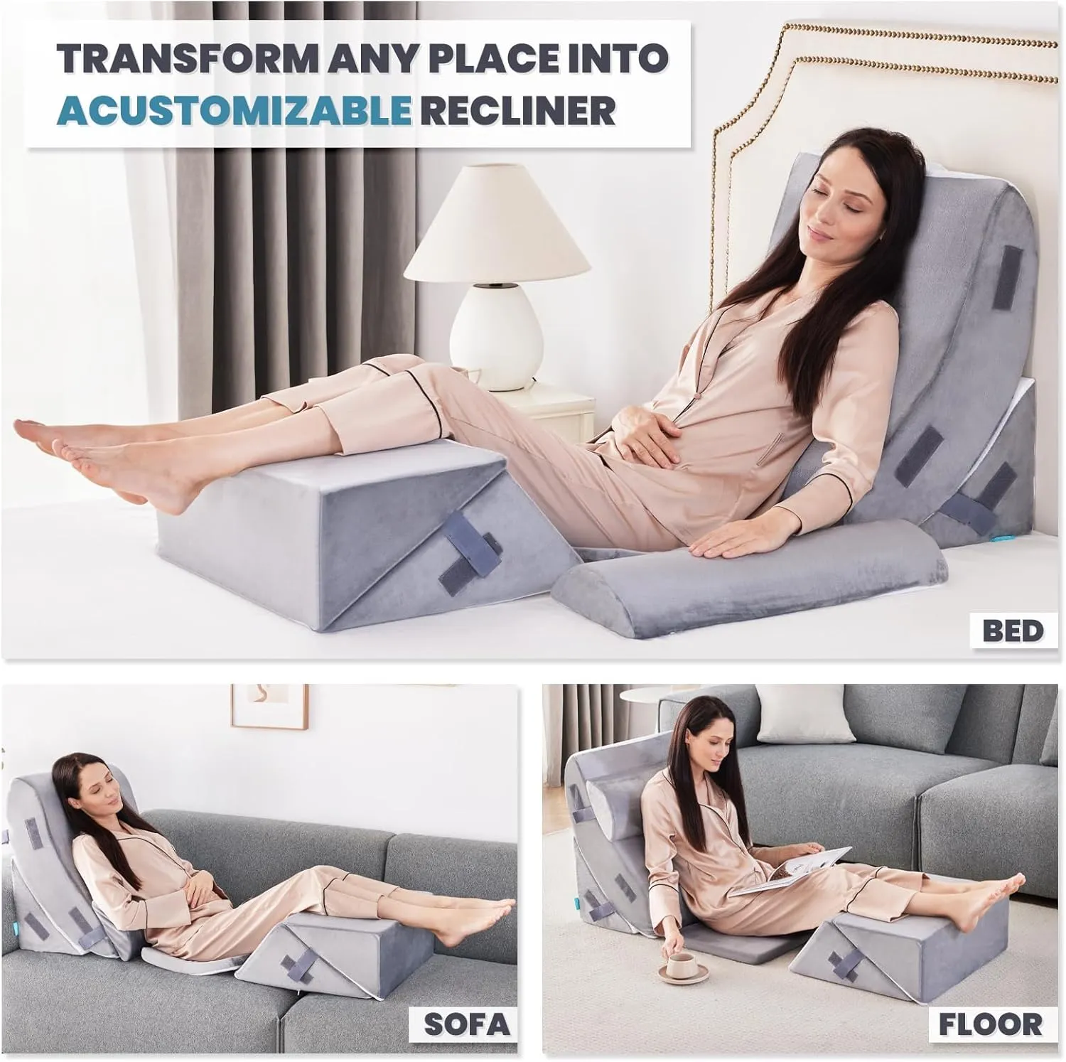 BDEUS 6pcs Orthopedic Bed Wedge Memory Foam Pillow Set for Sleeping Post Surgery Pain Relief Acid Reflux Snug Stop Adjustable Body Positioners Sitting Up in Bed with Travel Bag