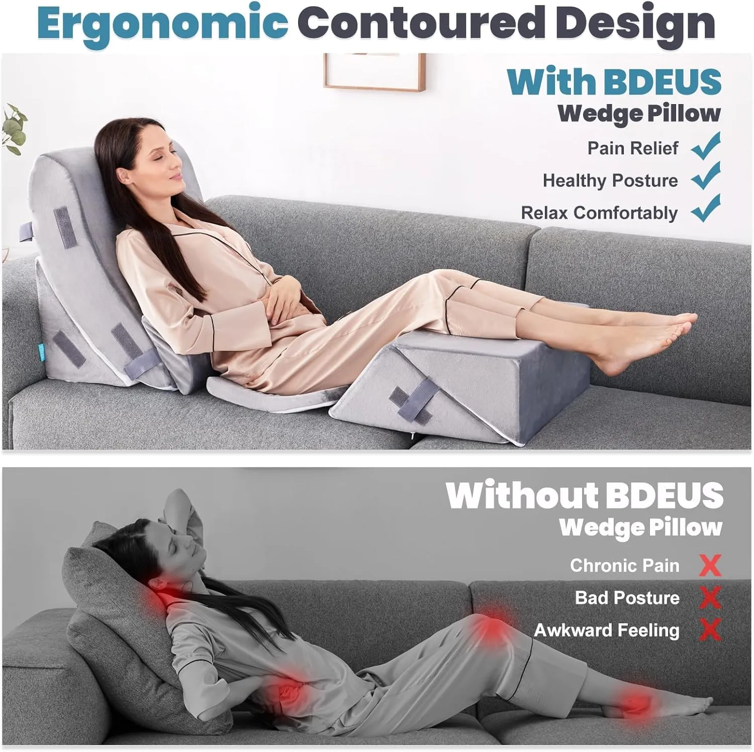 BDEUS 6pcs Orthopedic Bed Wedge Memory Foam Pillow Set for Sleeping Post Surgery Pain Relief Acid Reflux Snug Stop Adjustable Body Positioners Sitting Up in Bed with Travel Bag
