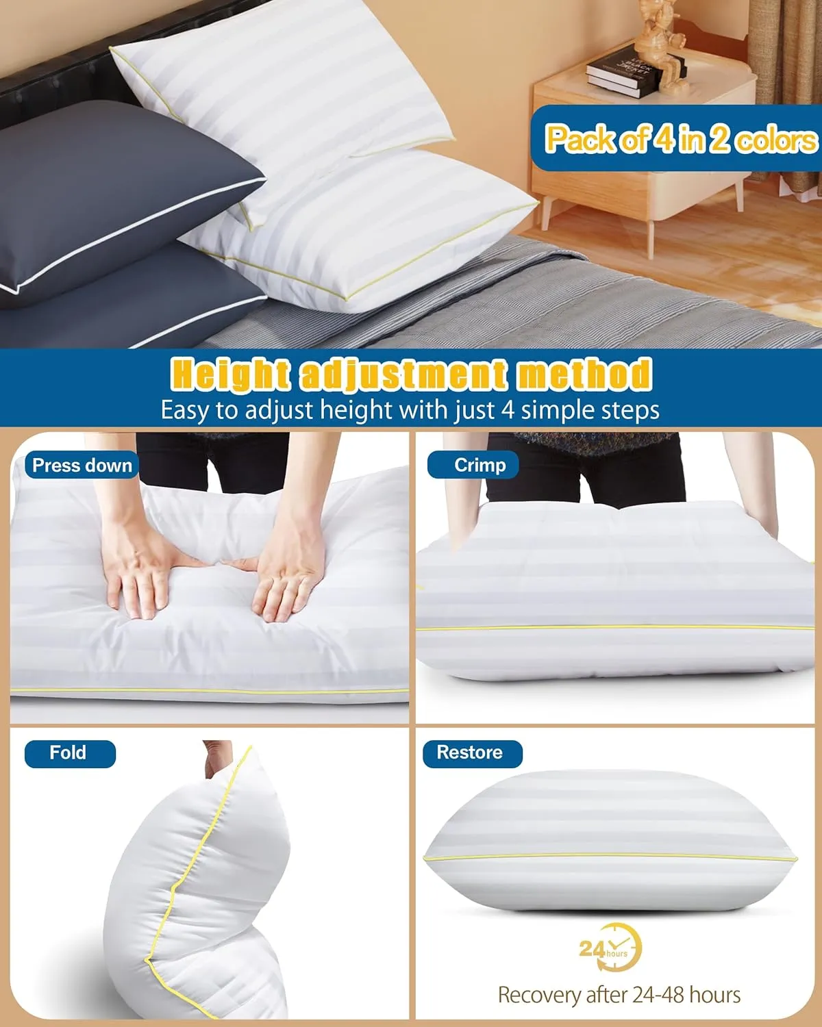 Bed Pillows for Sleeping - Pillows Standard Size Set of 4 Cooling Hotel Quality Quality with Premium Soft Down Alternative Fill for Back, Stomach or Side Sleepers (2 White & 2 Grey)