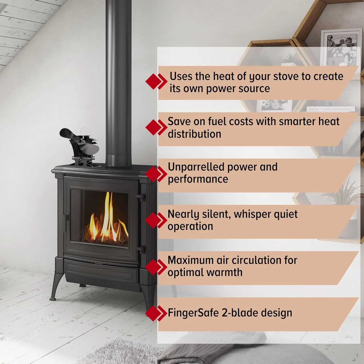 BelAir Heat Powered Stove Fan - Powerful Design, Low Start Temperature Technology, Perfect for Gas, Pellet & Soapstone Stoves, 140 CFM - Circulates Warm Air Efficiently & Reduces Fuel Cost