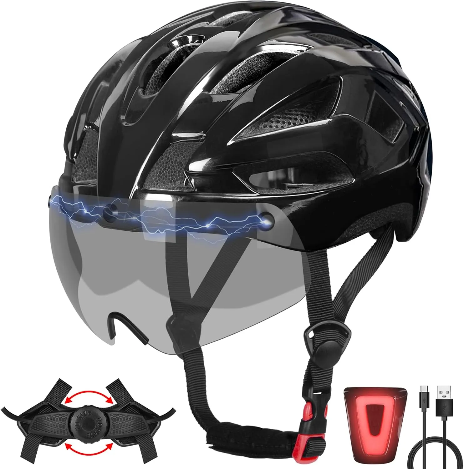 Bike Helmet Adult for Men, Lightweight Ebike Helmet with LED Light & Magnetic Goggles, USB Charging Cable Included, Cycling Helmet for Adult with Adjustable Dial Fit 58-62cm