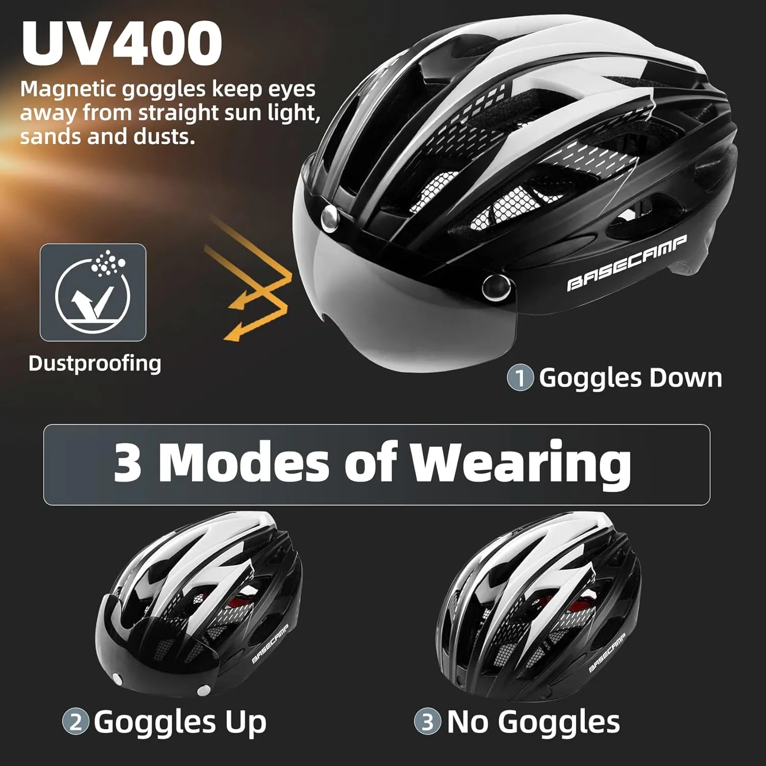 Bike Helmet, Basecamp Bicycle Helmet with Rear Light & Detachable Magnetic Goggles Lightweight Cycling Helmet Adjustable for Adult Men Women Mountain & Road (BC-069)
