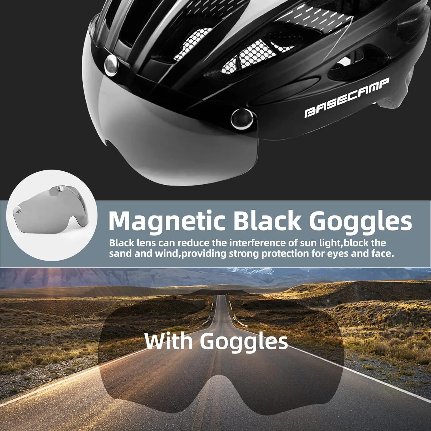 Bike Helmet, Basecamp Bicycle Helmet with Rear Light & Detachable Magnetic Goggles Lightweight Cycling Helmet Adjustable for Adult Men Women Mountain & Road (BC-069)