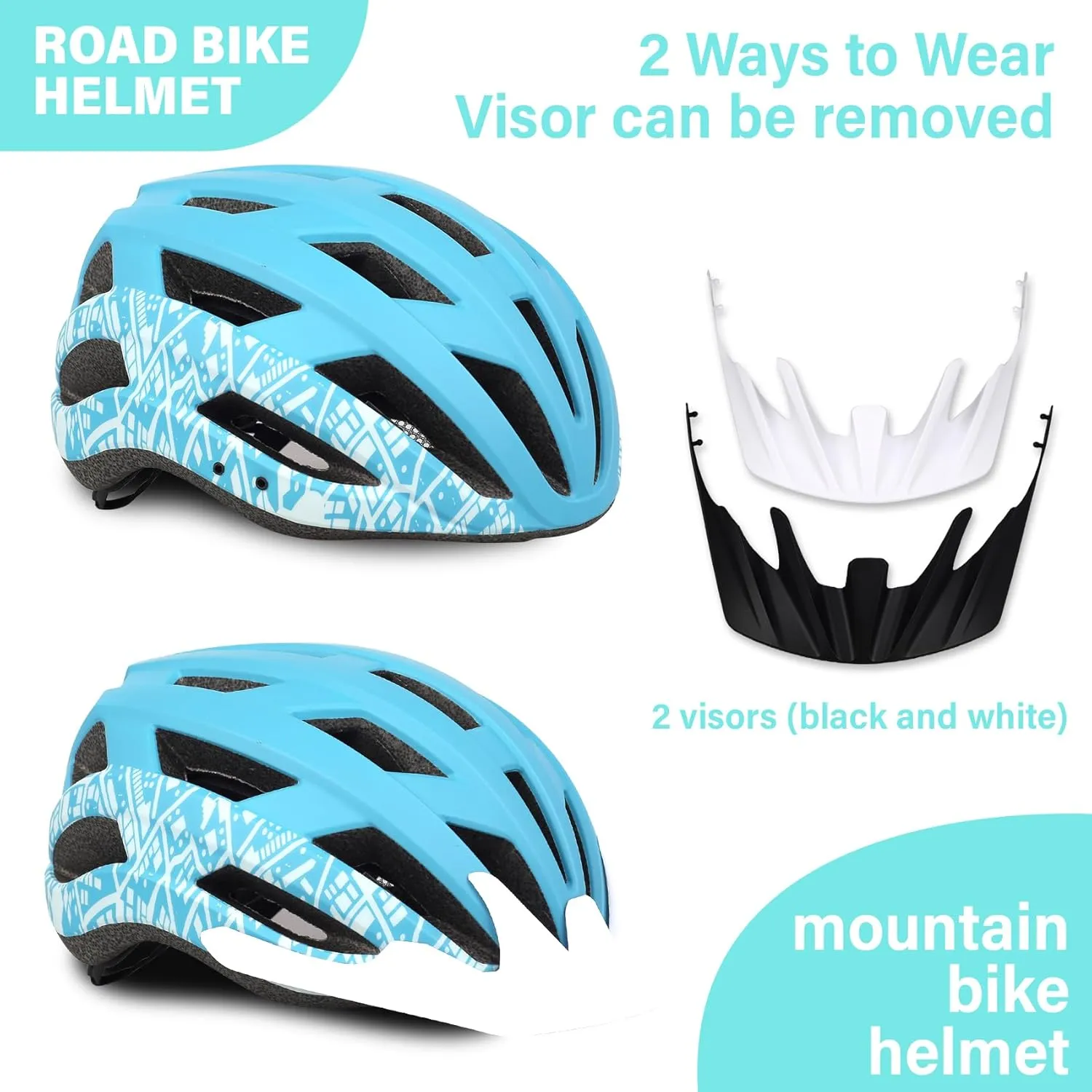 Bike Helmet for Adults Women Men Youth Kids, Lightweight Mountain Road Bicycle Cycling Helmets with Adjustable Dial, 2 Detachable Visor