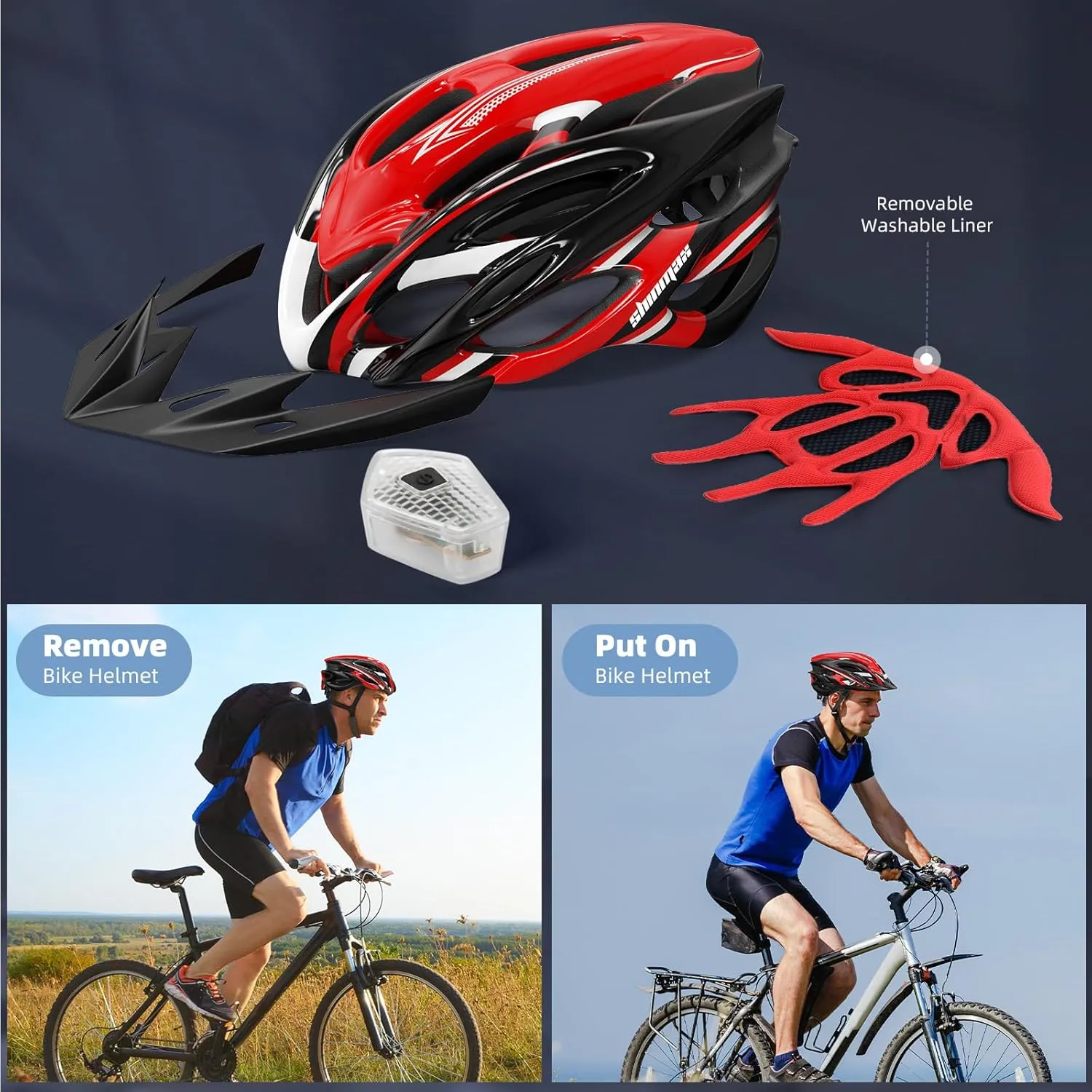 Bike Helmet Men Women, Shinmax Bicycle Helmet with Rear Light and Detachable Visor