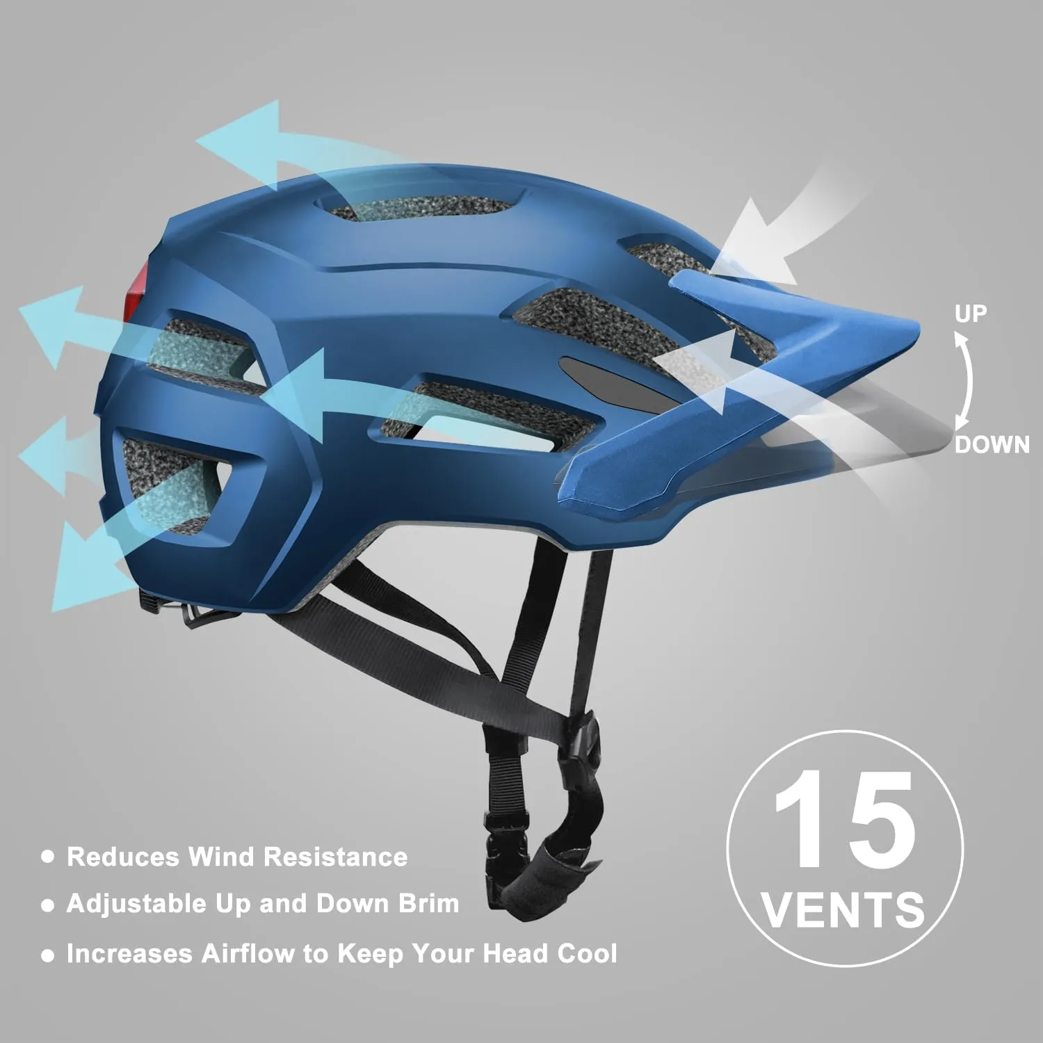 Bike Helmet, Mountain Bike Helmets for Men and Women, Front and Back LED Lights Safe Certified MTB Road Bicycle Helmet with Adjustable Brim