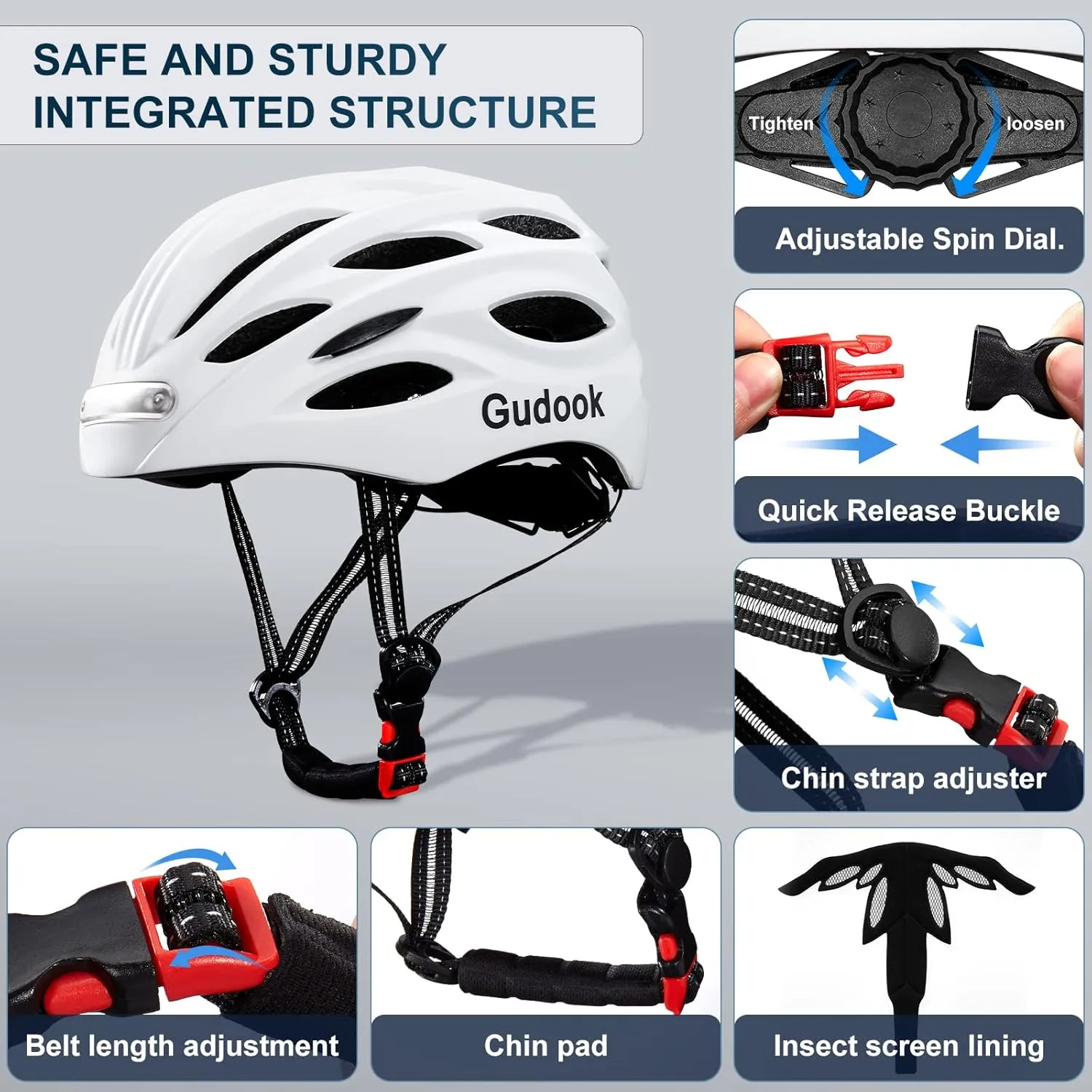 Bike Helmet with LED Light: Bicycle Helmets for Men & Women & Adults with Front and Rear Lights Adjustable Cycling Helmet for Urban Commuter Mountain Road Biker