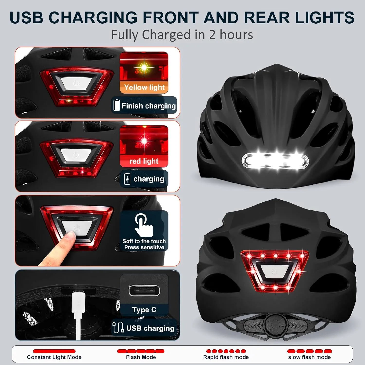 Bike Helmet with LED Light: Bicycle Helmets for Men & Women & Adults with Front and Rear Lights Adjustable Cycling Helmet for Urban Commuter Mountain Road Biker