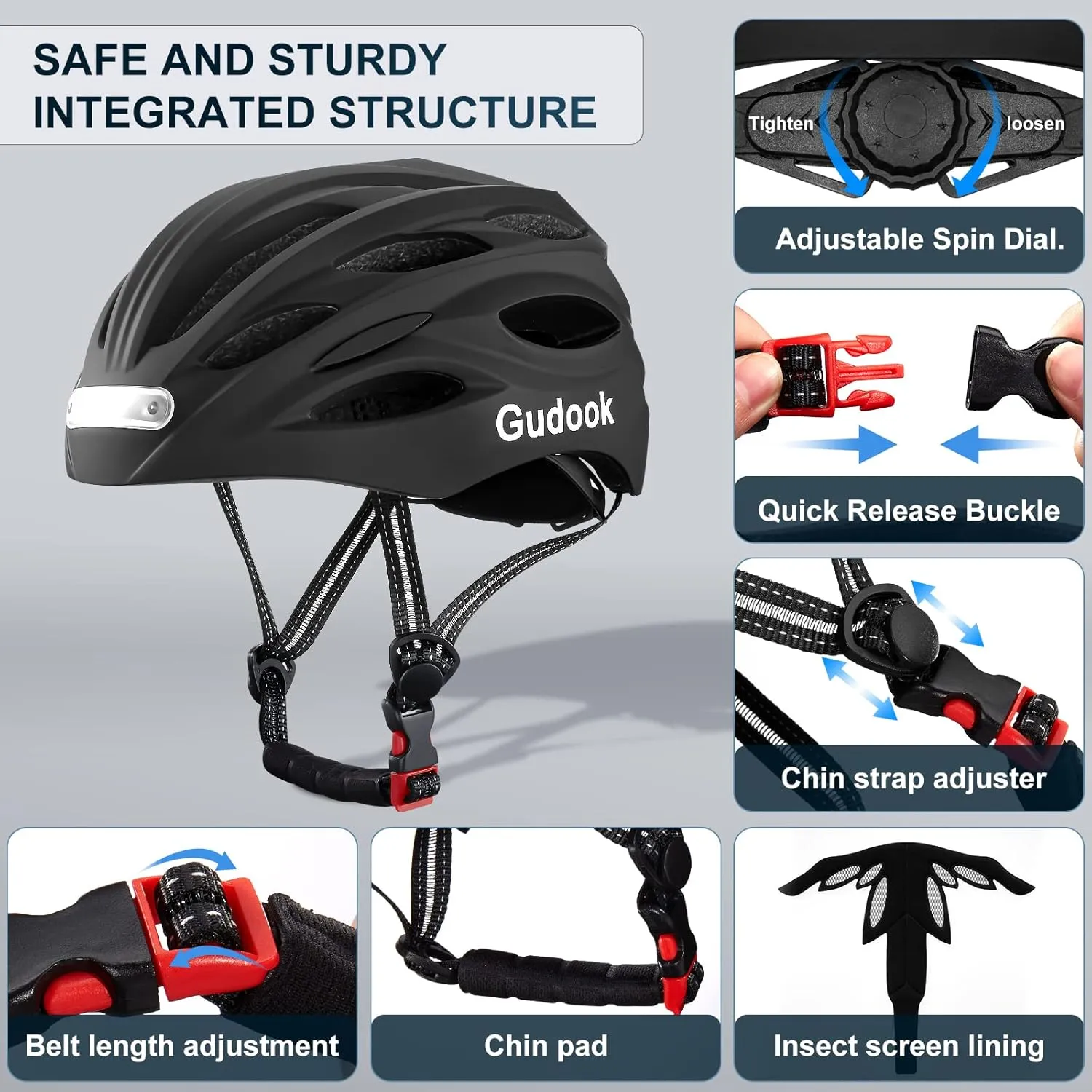 Bike Helmet with LED Light: Bicycle Helmets for Men & Women & Adults with Front and Rear Lights Adjustable Cycling Helmet for Urban Commuter Mountain Road Biker